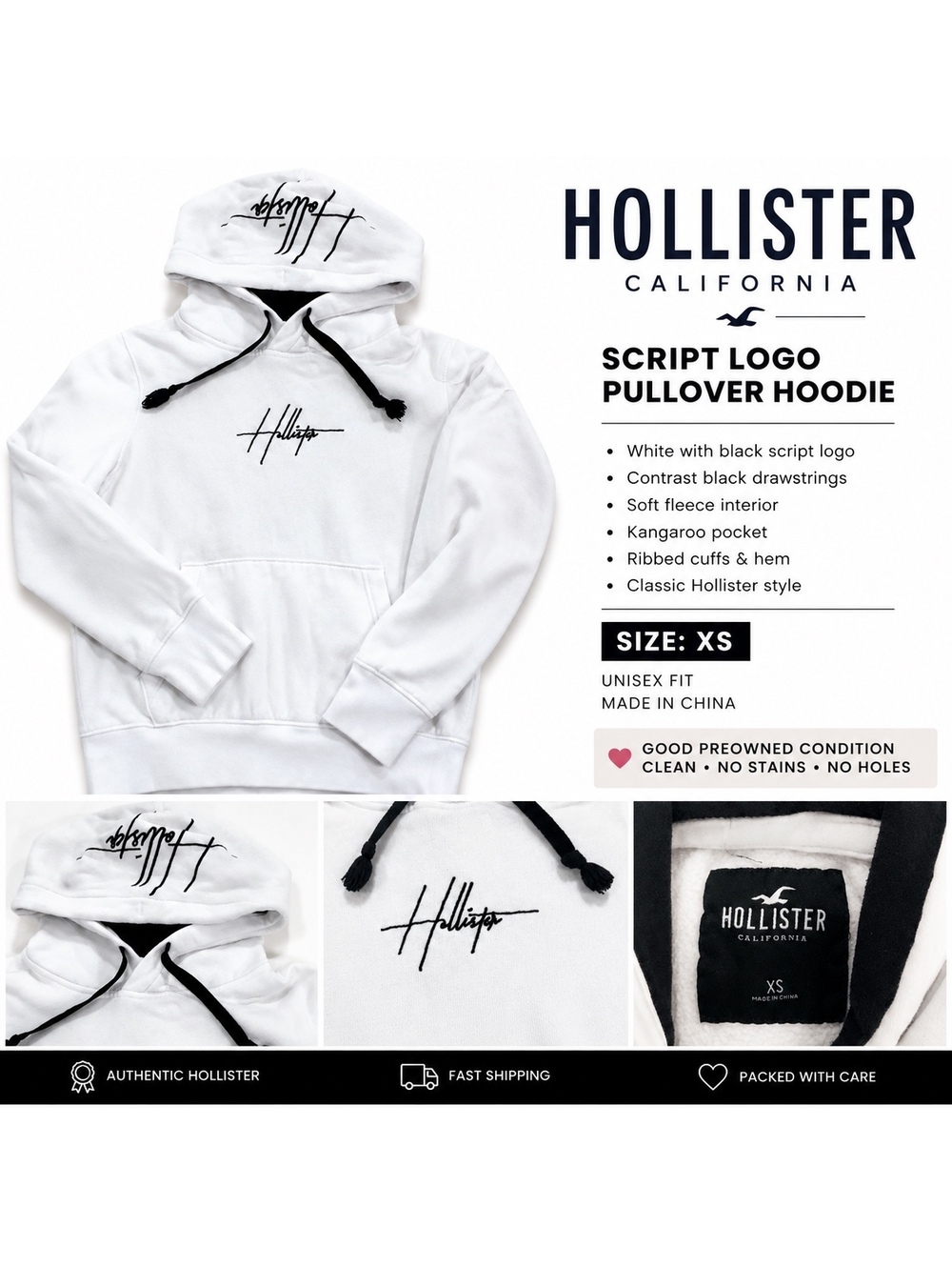 Hollister White & Black Script Logo Pullover Hoodie Size XS